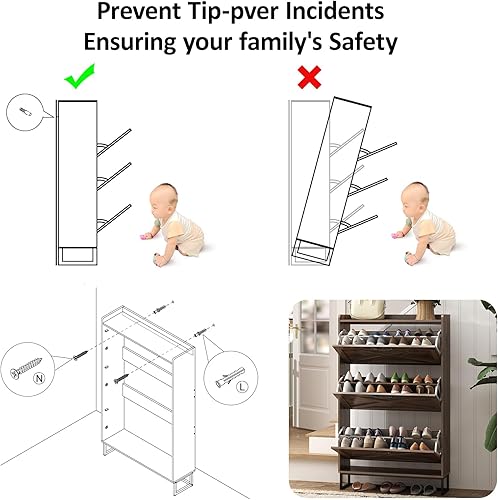 Miniatura 7 de Maupvit Armario de almacenamiento de zapatos con 3 cajones abatibles, organizador independiente con patas de metal para entrada, armario estrecho