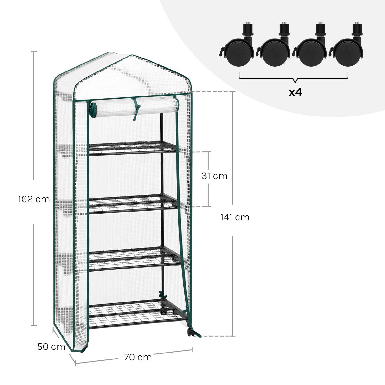 WOLTU Invernadero para Plantas, Invernadero Movil con Ruedas, Cubierta de PE 130g/m², con 4 Estantes, Puerta Enrollable con Cremallera, Blanco, 70x50x162 cm | Invernadero semitransparente para tomates con puerta enrollable, protección de invierno para pla