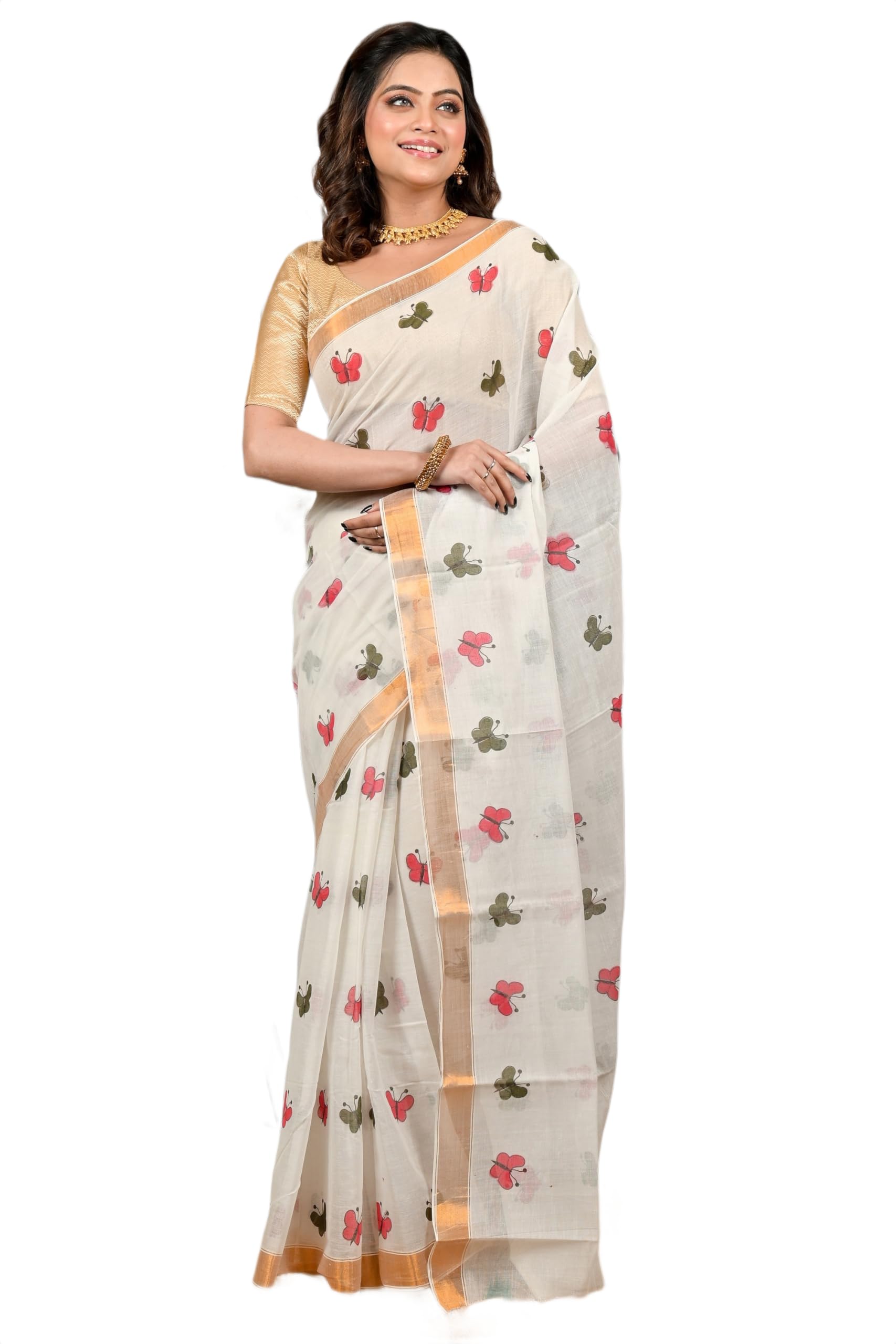 Traditional Bengali Tant Saree, Off White with Block Print, Pure Cotton Handloom, Golden Border, Free Size-image-41
