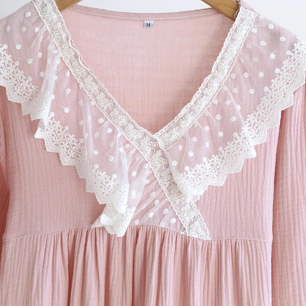 Camicia da Notte Donna - Camicia da Notte da Donna Primaverile Ed Estiva Gonna Lunga in crêpe di Cotone Gonna Dolce Principessa A Maniche Lunghe Taglie Forti da Donna