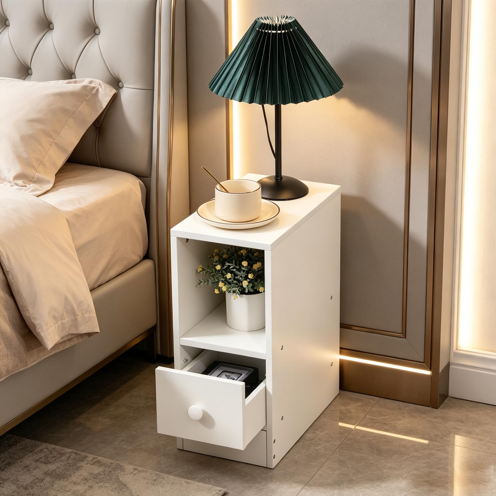 Slim Narrow Nightstand Bedside Cabinet with Drawer & Open Shelf, White