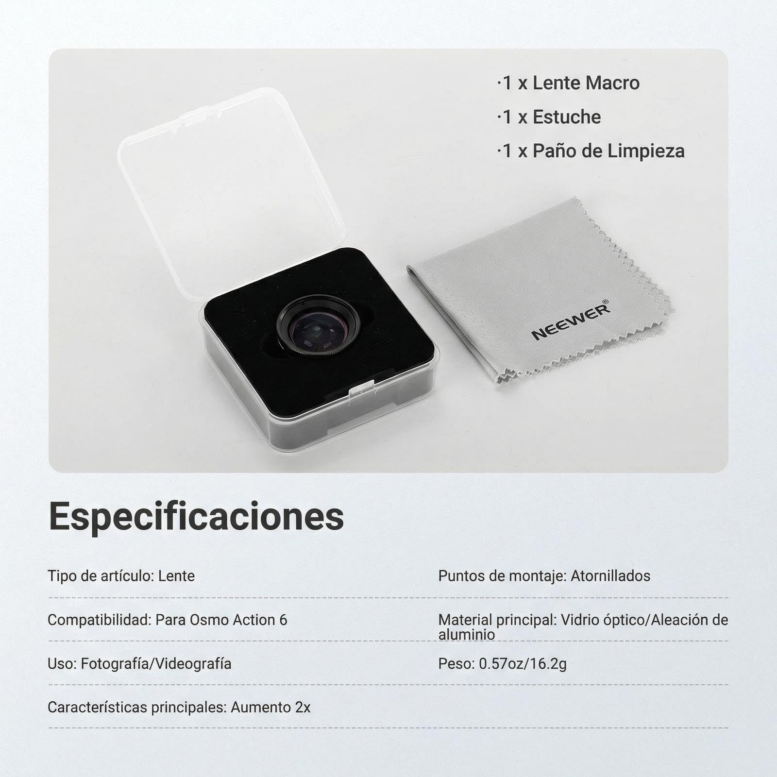 NEEWER Lente Macro Compatible Solo con dji Osmo Action 6, cámara de acción, Accesorios de fotografía de Primer Plano con Aumento 2X, 2 Elementos 1 Grupo, Rango de Enfoque de 2-3 cm, LS010