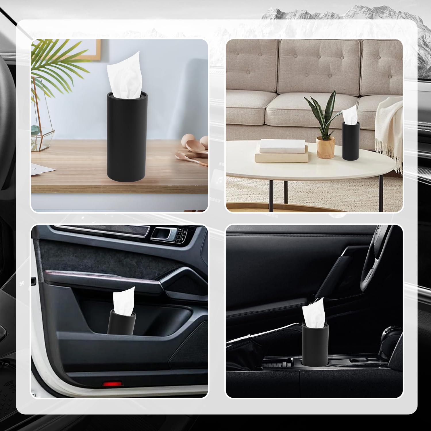 Lot de 4 porte-mouchoirs rétractables pour voiture, cylindriques rechargeables avec 30 pièces par boîte, boîte à mouchoirs multifonction pour voitures comme poubelles et porte-stylos (noir)