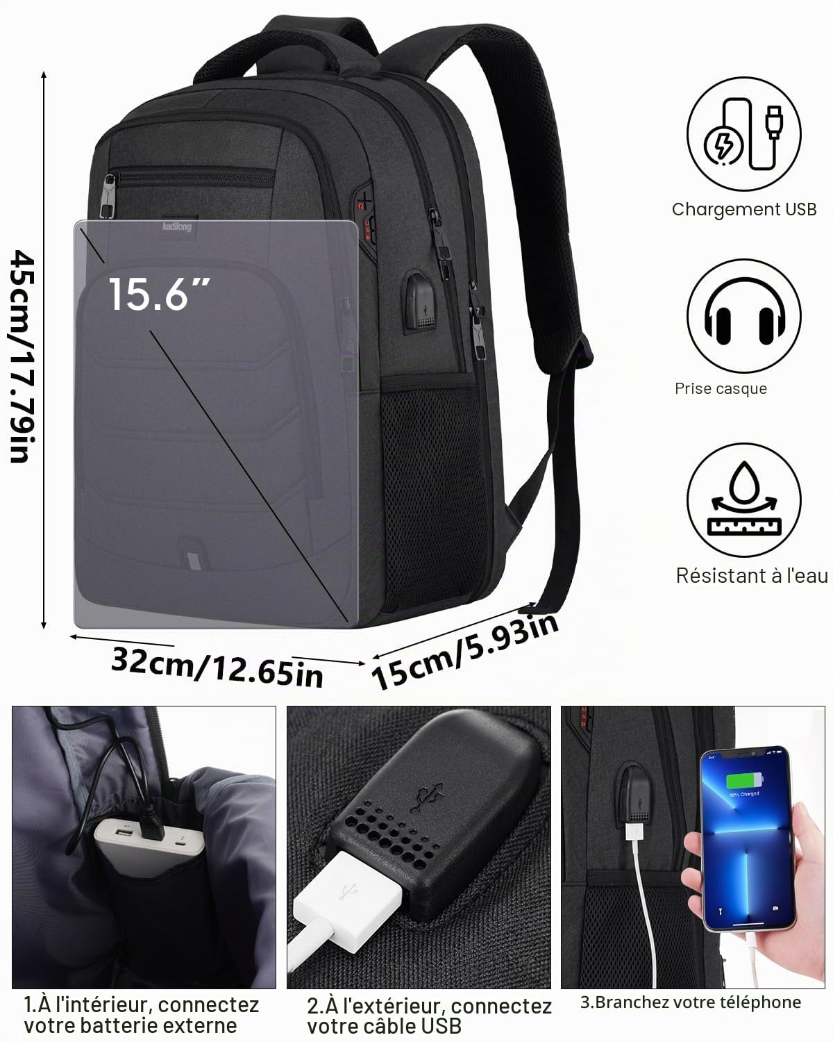 Sac à Dos Ordinateur Portable 15.6 Pouces Femme Homme Fonctionnel,Sac École Garçon PC Portable avec USB Charging Port Imperméable Antivol pour Collège Affaire Scolaire Lycée Business Travail,Noir