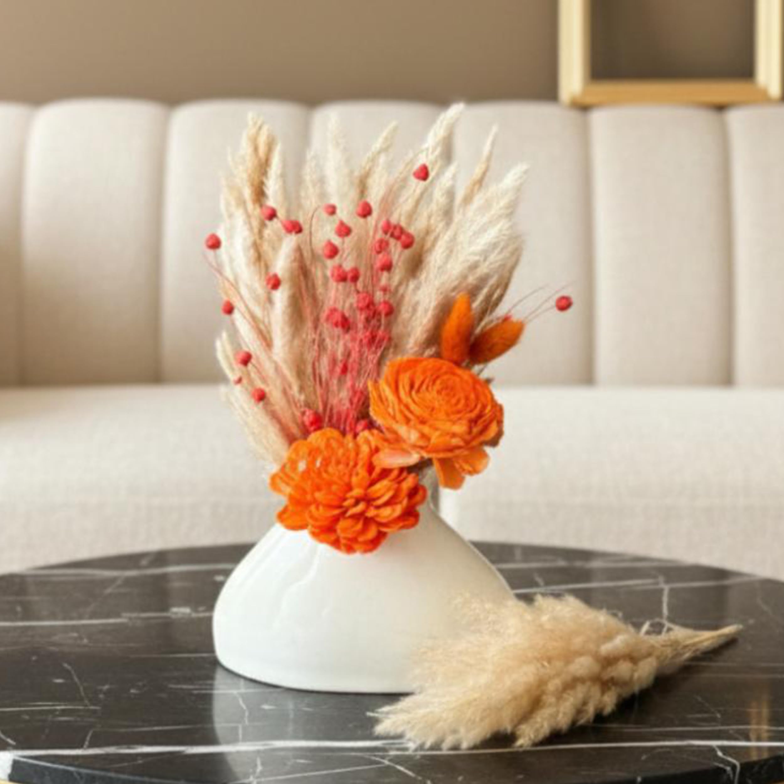 Art Street White Ceramic Decorative Vase with Pampas Grass & Orange Wood Flowers | Minimalist Table Decor | Aesthetic Home Decoration for Living Room, Bedroom, Entryway | Dried Flower Arrangement Set-picture-23