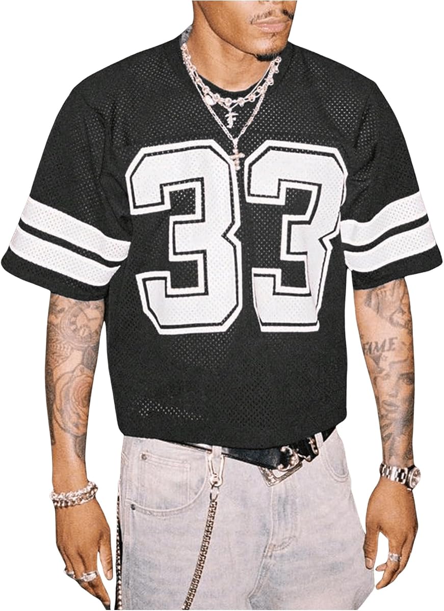 GORGLITTER Camisas de jersey para hombre Camiseta corta con gráfico extragrande de malla | Camisas recortadas de fútbol y baloncesto, tops cortos holgados y cuadrados, trajes vintage informales de manga corta Y2k