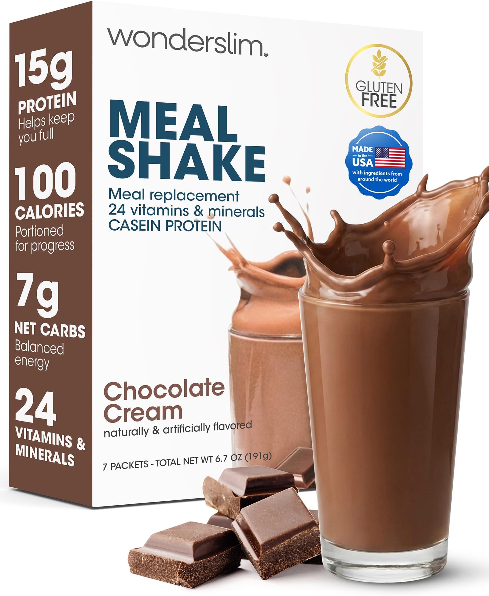 Wonderslim Protein Meal Replacement Shake Powder – 7ct (Chocolate Cream) | 15g Protein, 24 Vitamins & Minerals, Low Carb, Low Calorie, Gluten Free – Meal Replacement Drinks for Weight Management