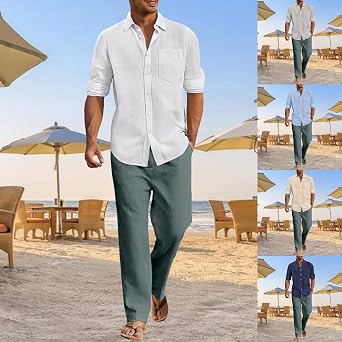 Linen Co Ord Sets for Men UK Long Sleeve Button Down Shirts and Pants Tracksuit Set 2 Piece Summer Outfits Casual Solid Loungewear Activewear with Pockets for Beach Vacation Wedding Business Work