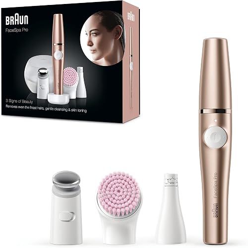 Braun FaceSpa Pro Depiladora Eléctrica Facial Mujer Todo en 1 con Cepillo de Limpieza, Base de Carga, Funda Portátil, Inalámbrica Y Resistente al Agua, 921, Bronce