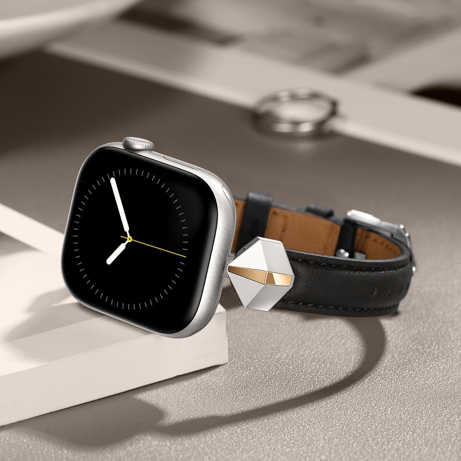 WFEAGL Leather Band Compatible with Apple Watch Bands Women 49mm 46mm 45mm 44mm 42mm(Series 3 2 1),Dressy Slim Grain Genuine Leather band for iWatch Ultra SE Series 10/9/8/7/6/5/4-Black/Silver&Gold