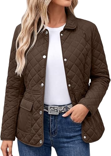 SamLng Diamond Quilted Jacket Women Lapel Collar Long Sleeve with Pockets