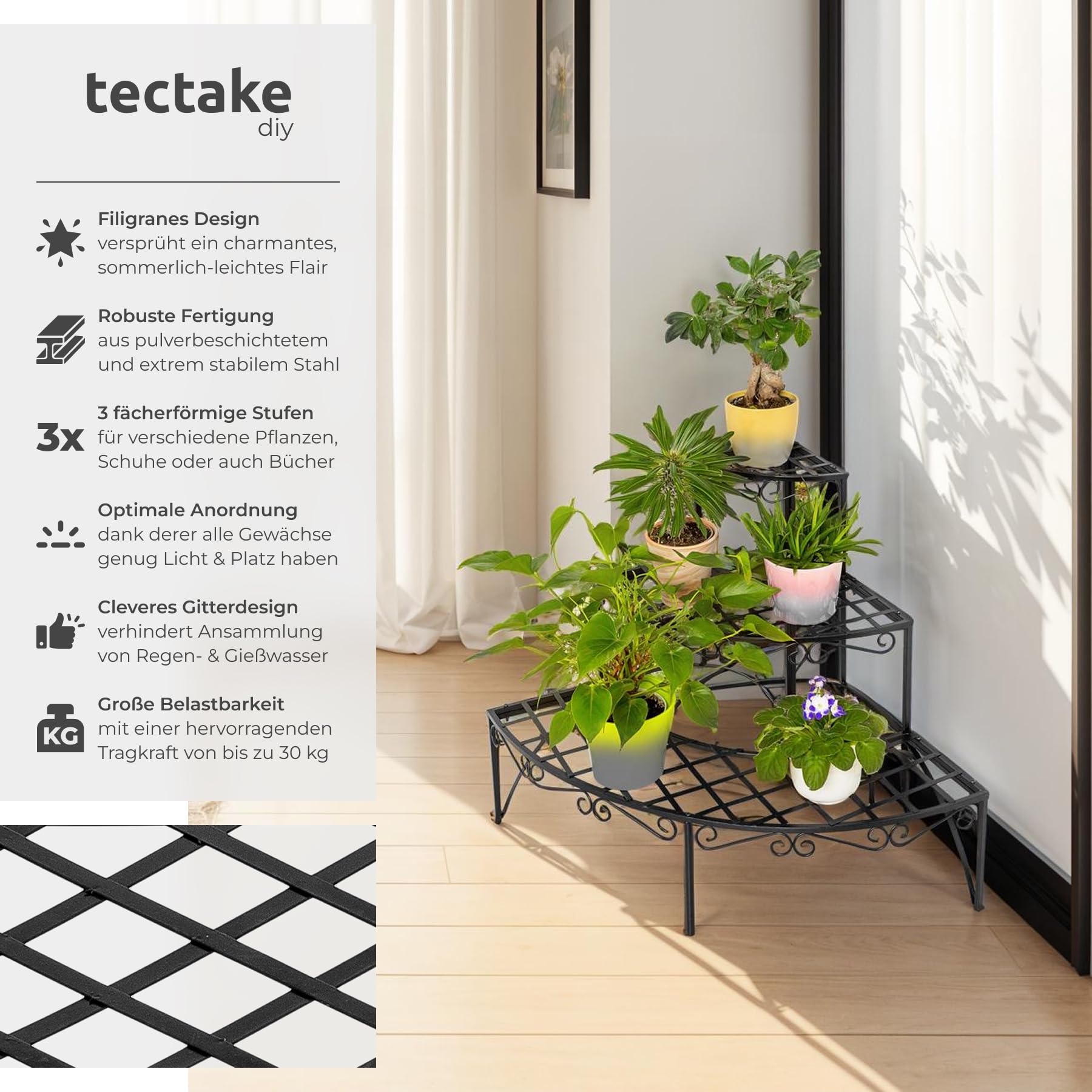 tectake® Pflanzentreppe, Blumenständer Metall, Blumenbank, Blumentreppe mit 3 Stufen, Pflanzenregal, Pflanzenregal outdoor, Blumenregal, Blumenhocker ca. 60x60x60cm (Stufen rund| Nummer 401712)