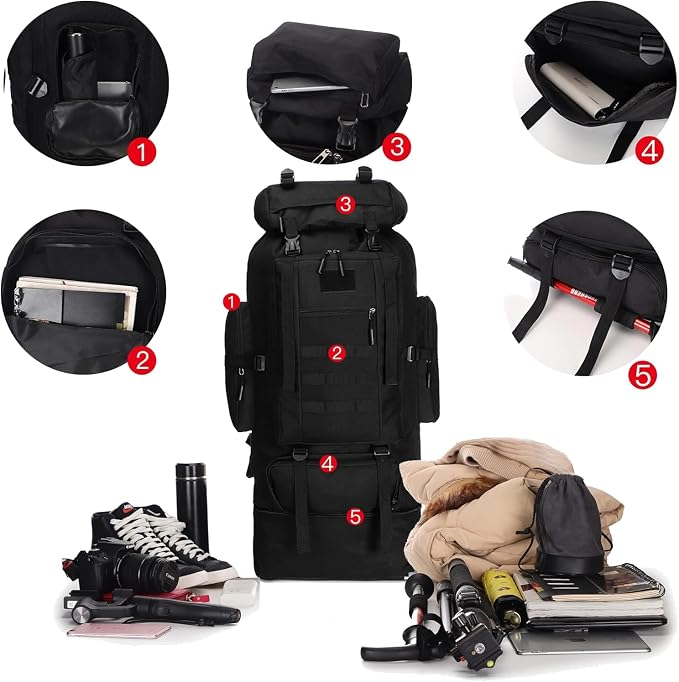Mochila Deportiva Negra 100L Impermeable para Senderismo miniatura 7