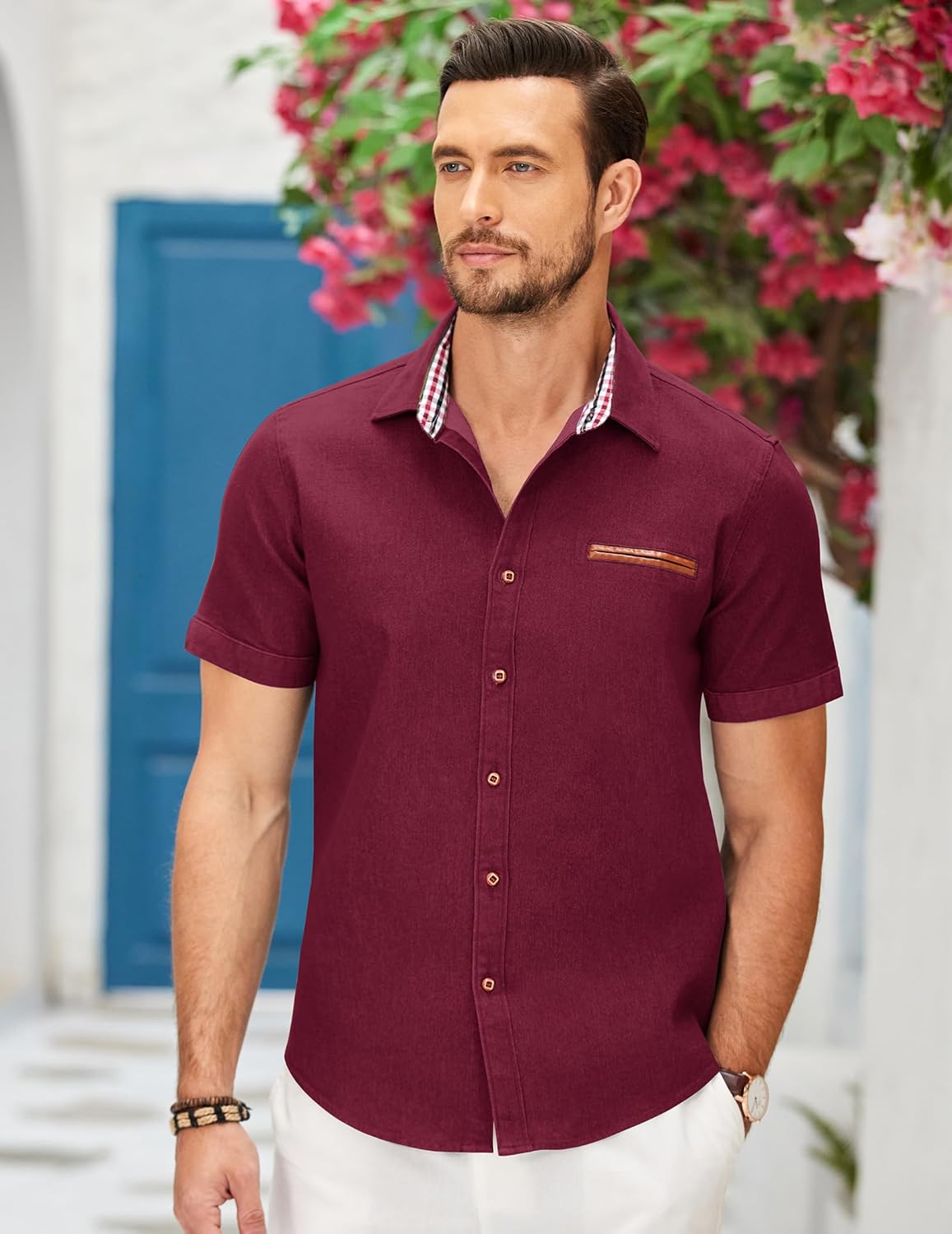 COOFANDY Men's Cotton Casual Short Sleeve Button Down Shirt Plaid Collar Denim Work Shirts - Image 2