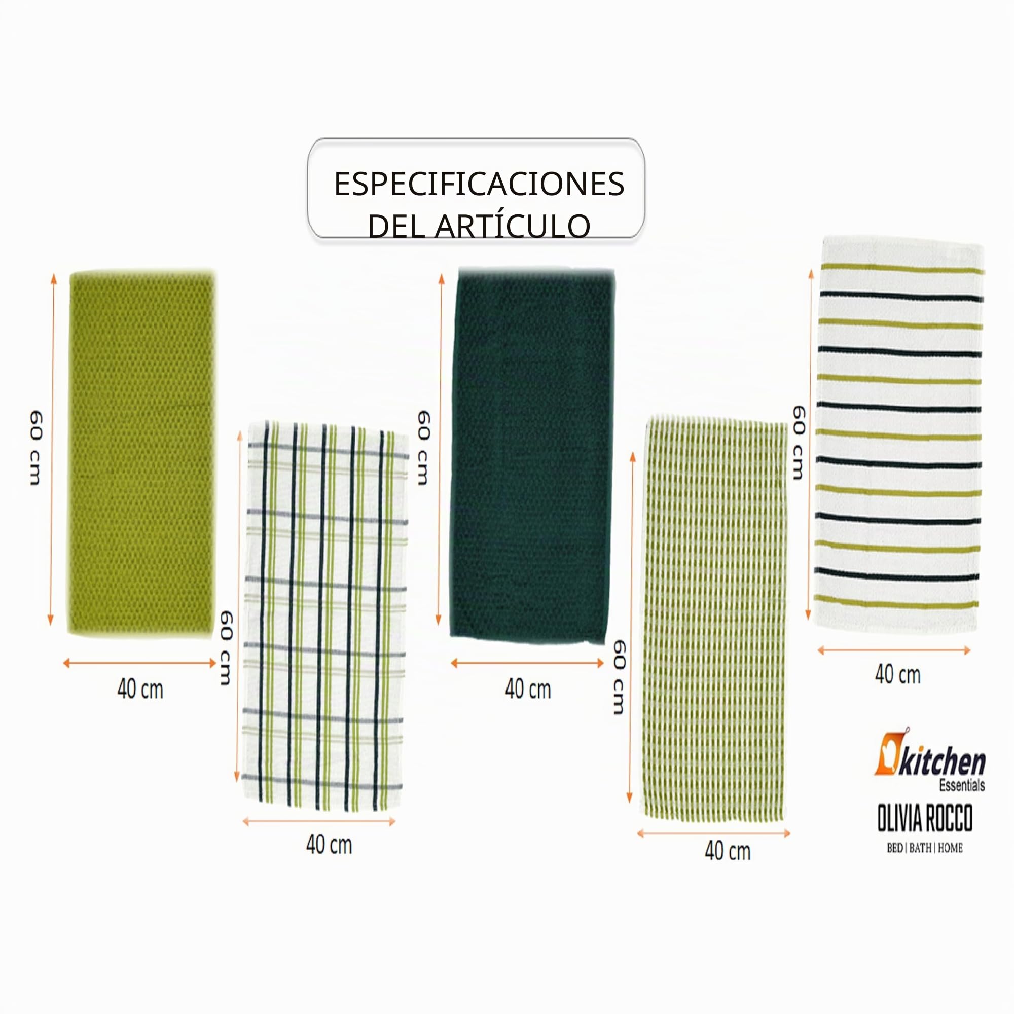 Olivia Rocco - Pack de 5 paños de cocina de rizo de algodón, súper absorbentes, de secado rápido y suaves, color verde salvia