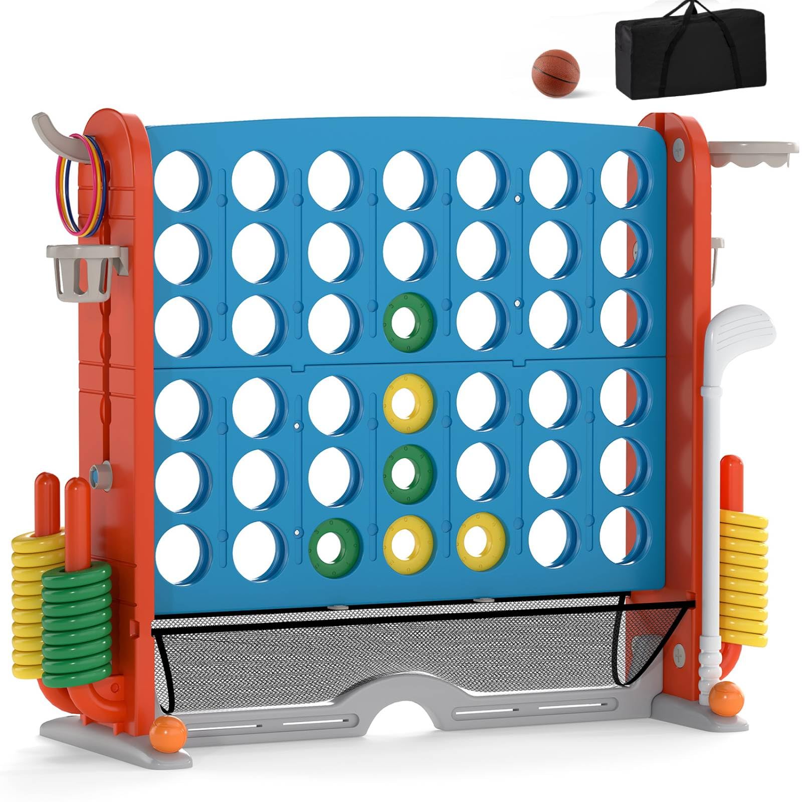 GYMAX Giant 4 in a Row Game, Jumbo Connect 4 Games with 42 Chess Rings, 3 Toss Rings, Basketball Hoop and Carrying Bag, Outdoor Indoor 4 to Score Game for Kids Adults Family (Blue + Orange)