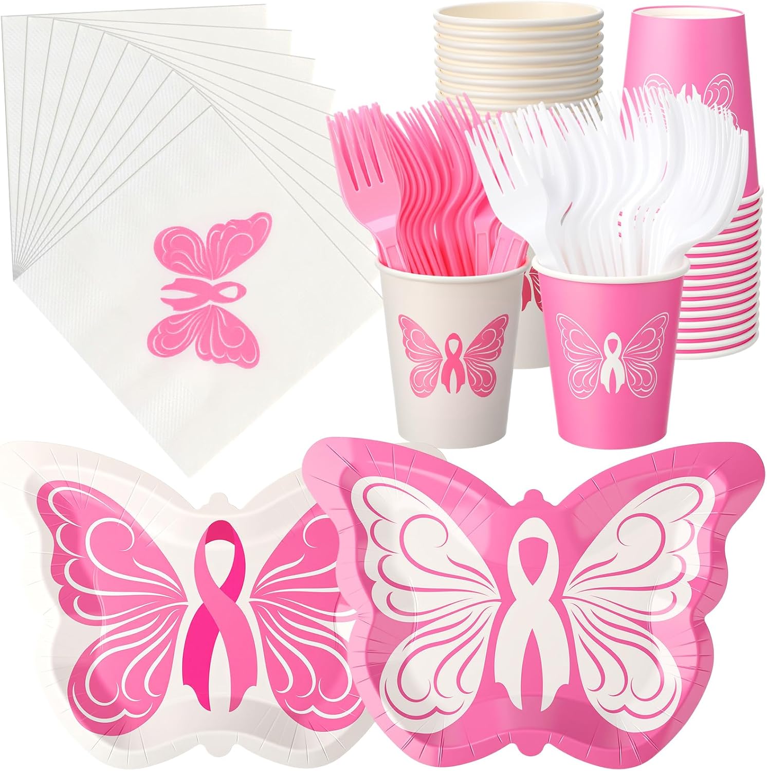 250 Pcs Breast Cancer Awareness Party Supplies Butterfly Pink Ribbon Disposable Plates Napkins Cups and Forks Serve 50 Tableware Decorations for Breast Cancer Awareness Survivor Campaign Gifts