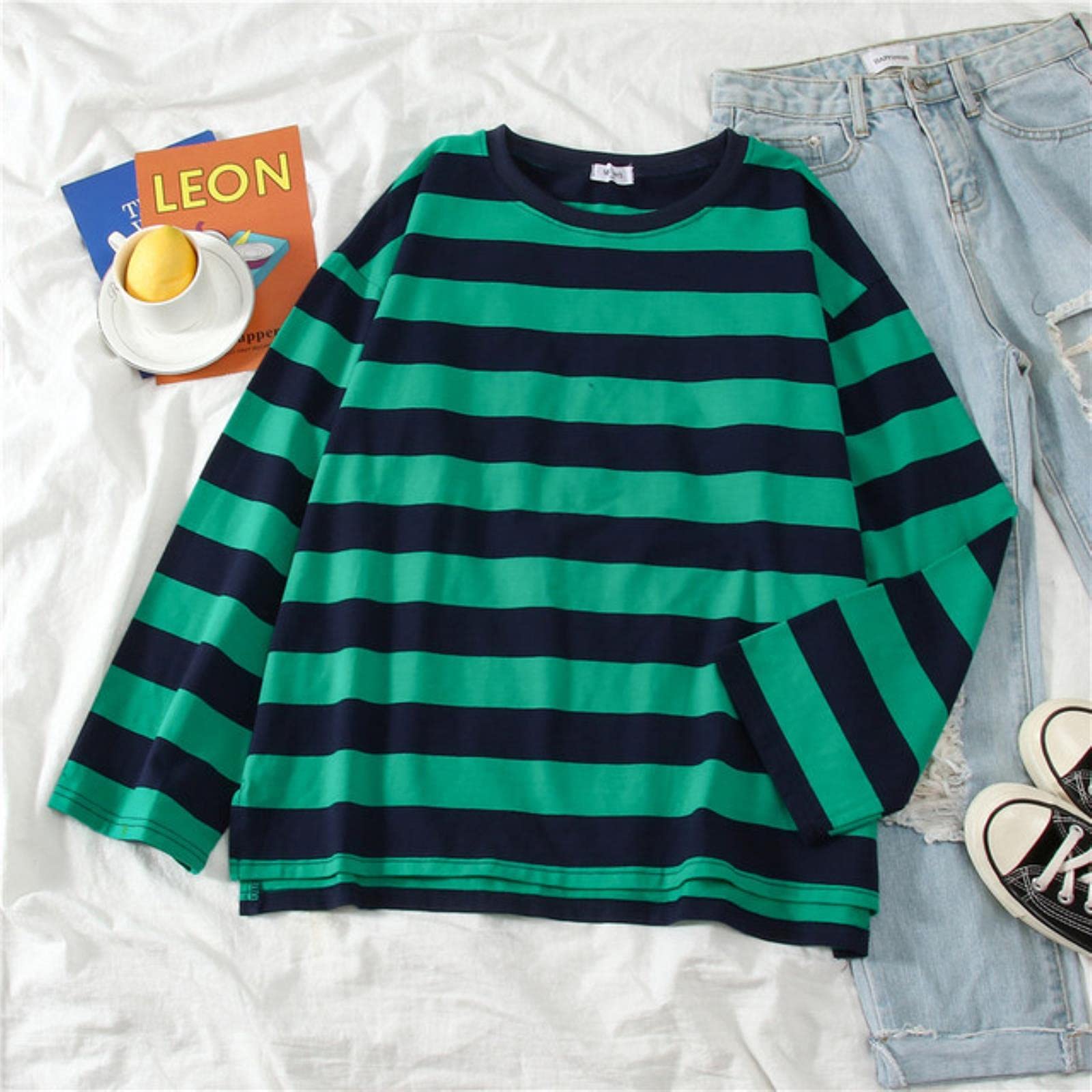 DIANN Women Cotton Purple Striped Tops Slim Fit t shirt Harajuku Tshirt Summer Long Sleeve Feminina oversized t shirt-Green,XL