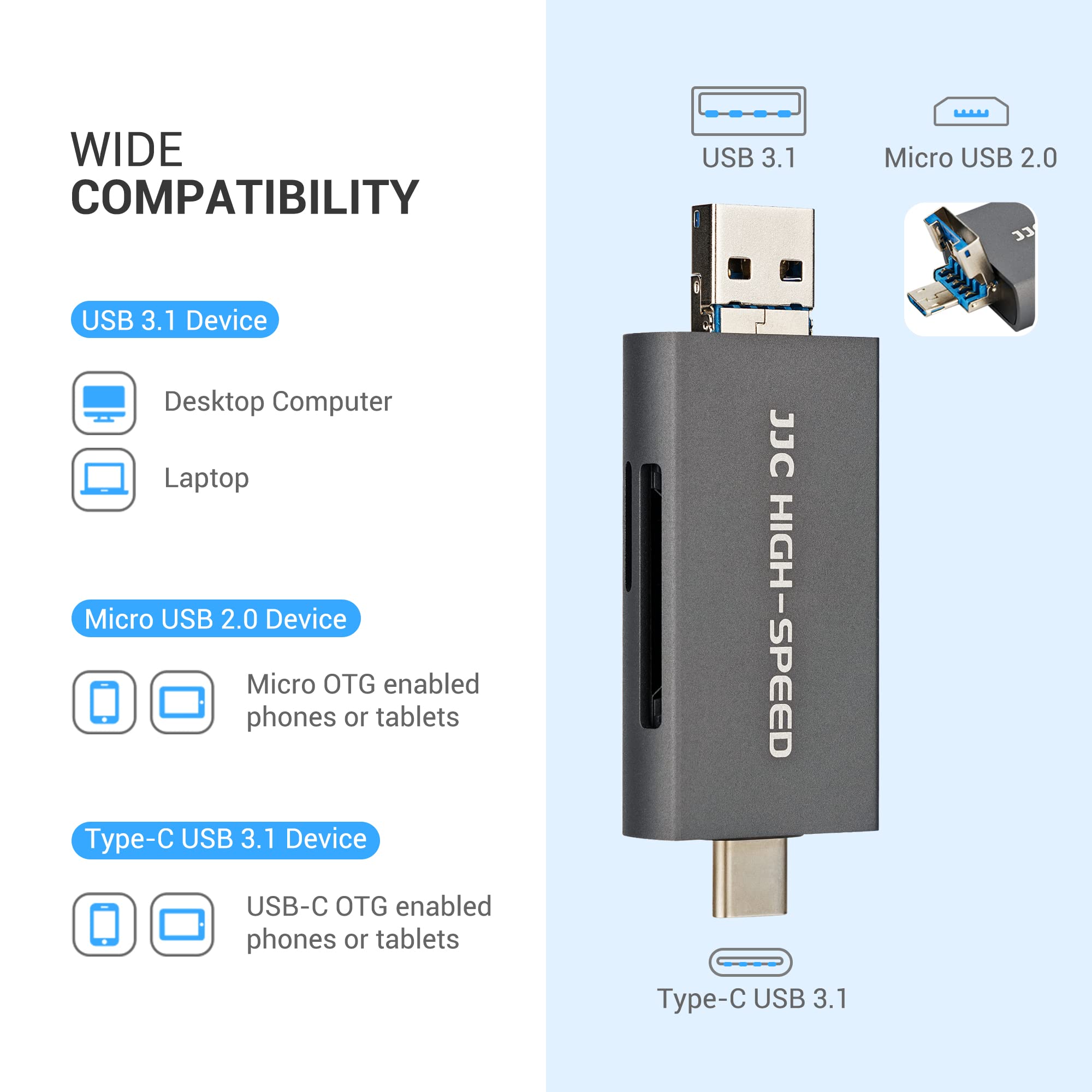 JJC Metall-SD-Kartenleser – USB 3.1, Typ-C & Micro-USB, Für UHS-II Karten, Bis 312 MB/s, Grau