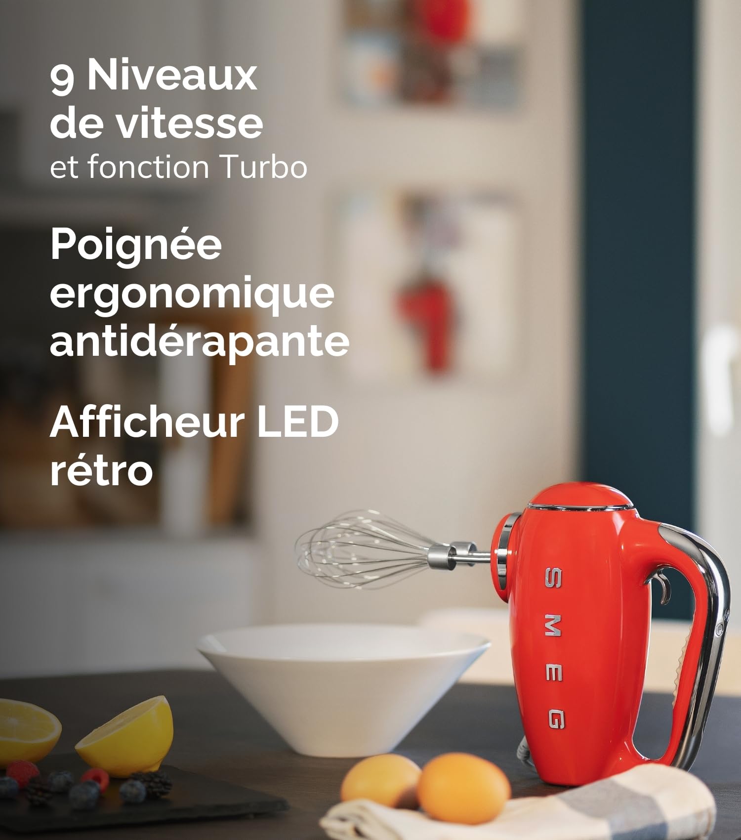 Smeg, Batteur Électrique HMF01CREU, 9 Niveaux de Vitesse, Fonction Turbo, Système de Démarrage Progressif, 4 Batteurs, 2 Crochets Pétrisseurs et Range Cable Fournis, 250W, Crème