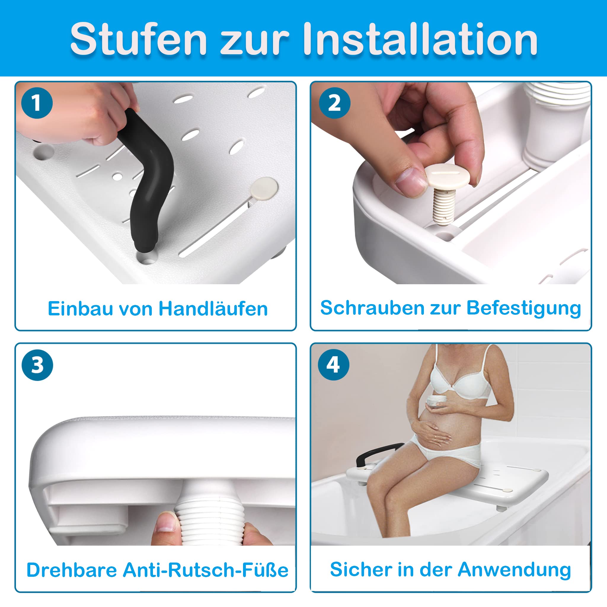 LZQ Badewannenbrett 70cm lang Badewannensitz Senioren mit Schwarz Griff und Seifenablage, Einstellbar Wannensitz Sitzbrett für Badewanne für Erwachsene bis max.150kg