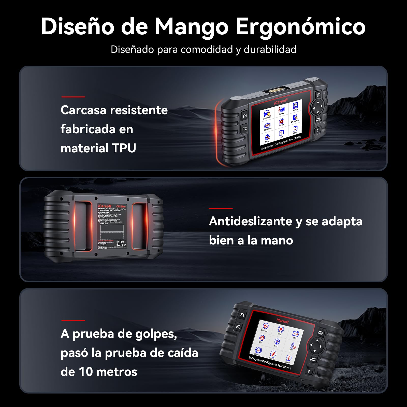 iCarsoft CR Elite OBD2 Máquina Diagnosis Coche Multimarca, Escáner de Coche para Motor, ABS, SRS y Transmisión, Detector Fallos Coche con 9 Funciones Reinicio, Prueba de Batería