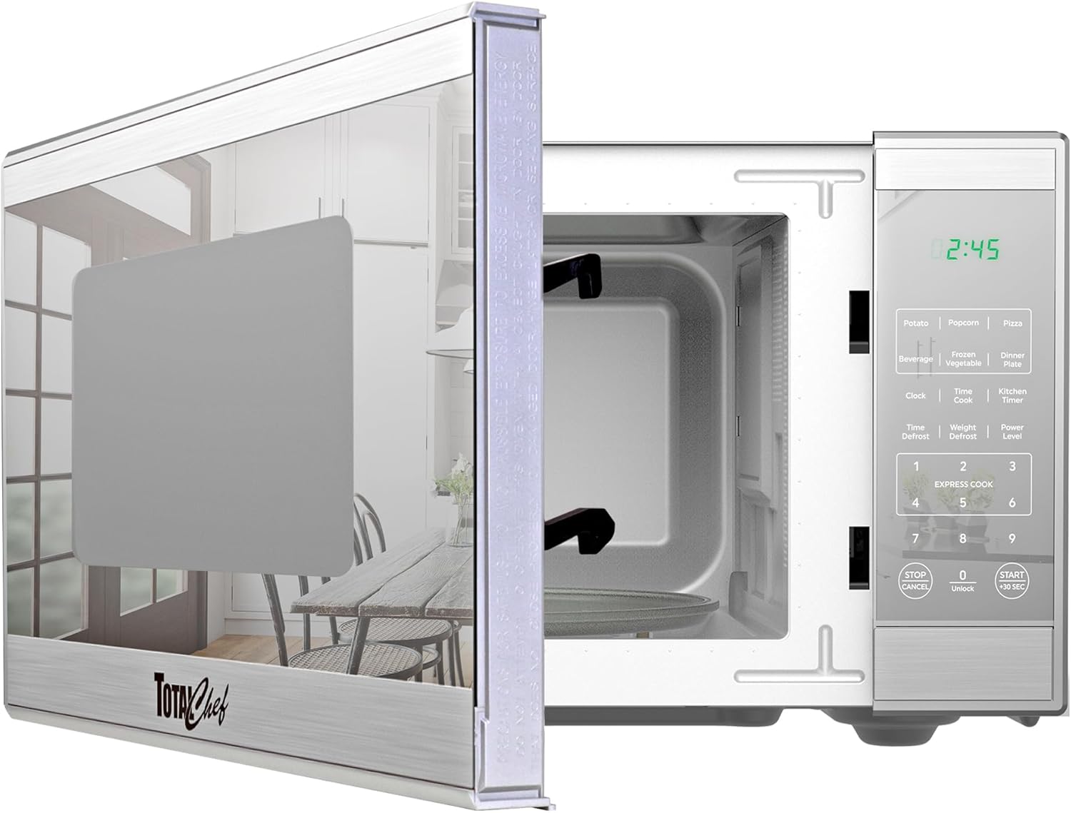 Total Chef Compact Countertop Microwave Oven, 1100W, 1.3 Cubic Feet Capacity, Digital Touchscreen Controls, One-Touch Push-Button Opening, 6 Pre-Set Cooking Modes, Silver Stainless Steel 1.3 Cu Ft - Image 1 of 8