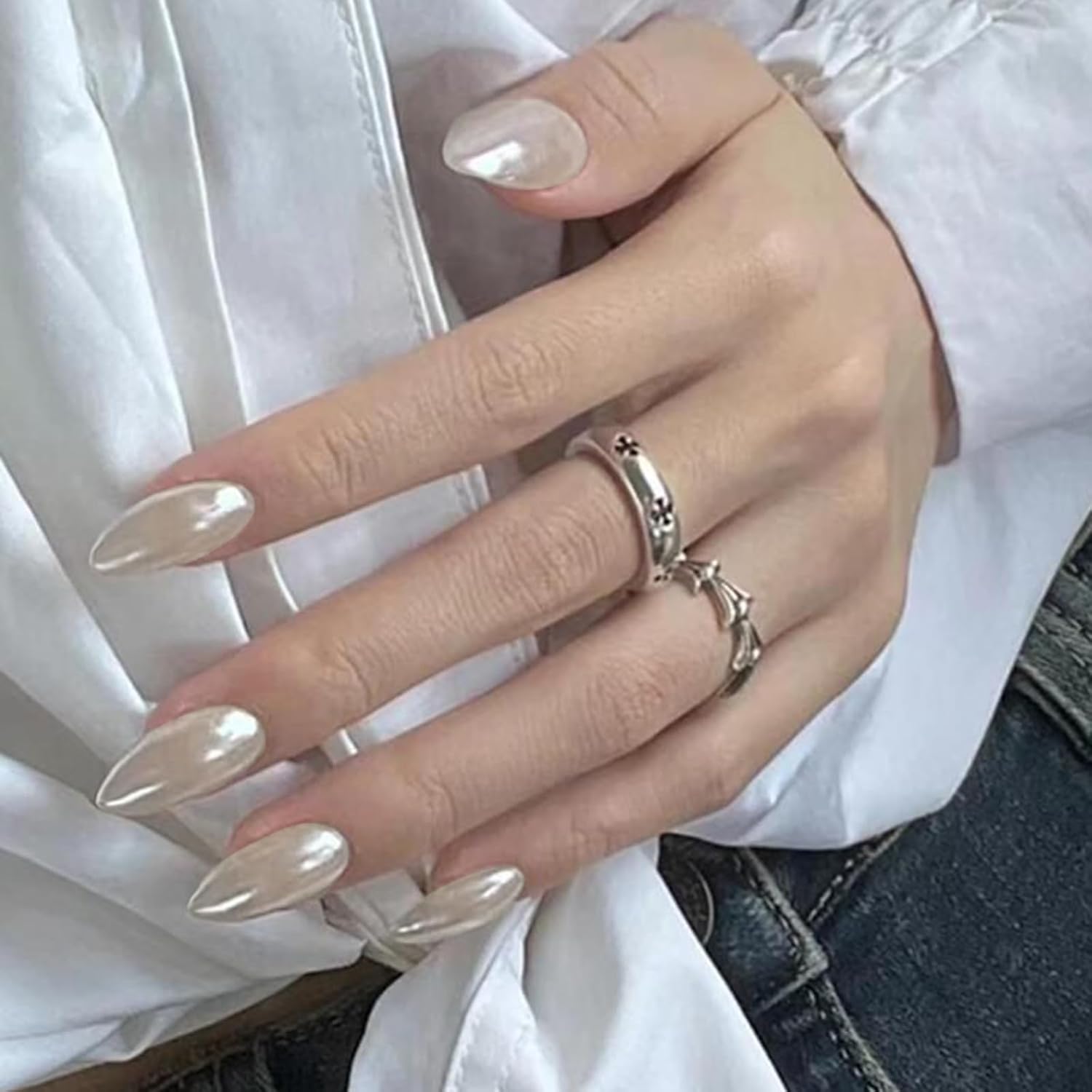 Condition photo showing New/Like New for White Fake Nails Medium Press on Nails Almond Glossy Acrylic Glue on Nails Full Cover Artificial False Nails for Women and Girls Colorful-006