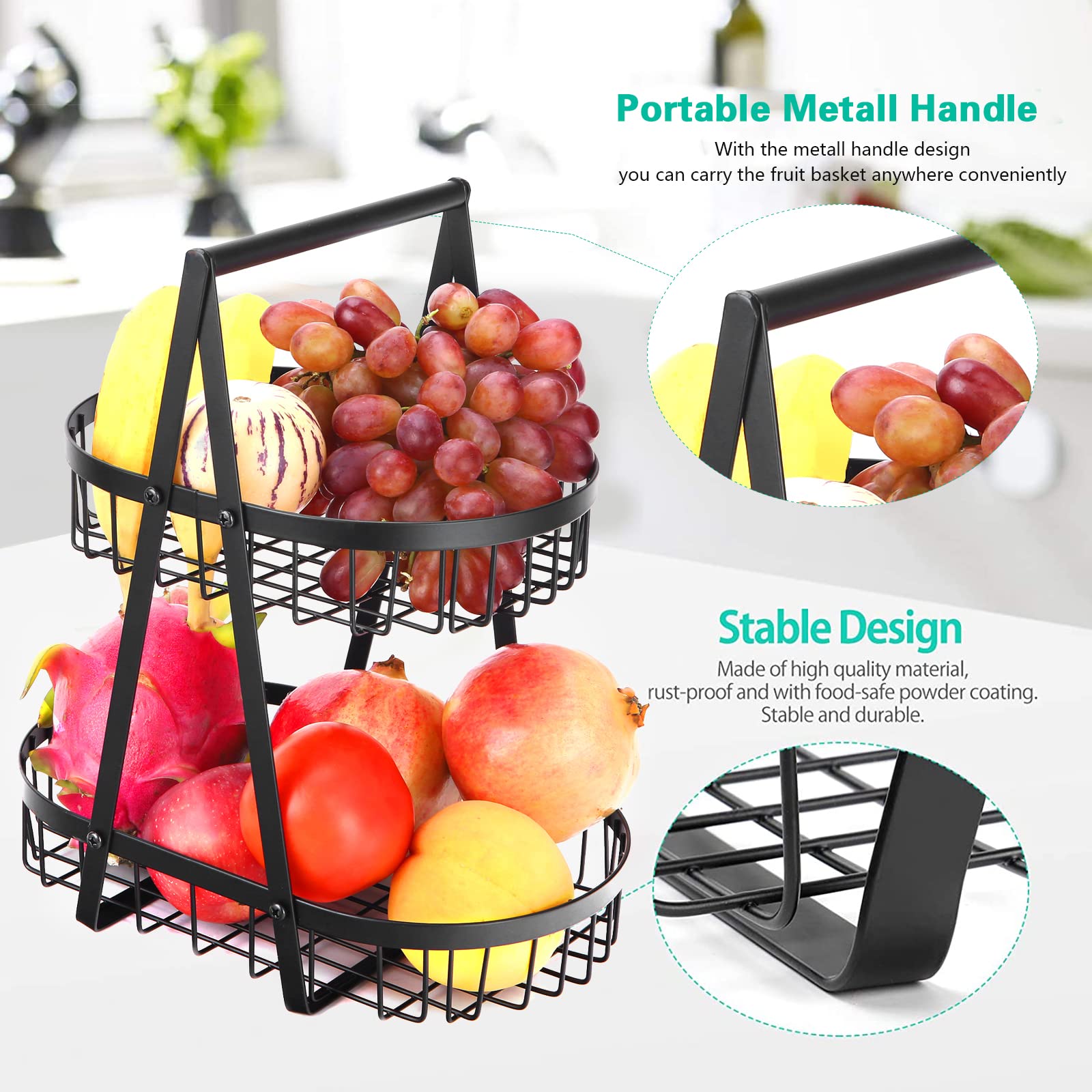 Corbeille à Fruits Noire Moderne 25cm - Panier Métal Anti-Rayures Et Anti-Dérapant