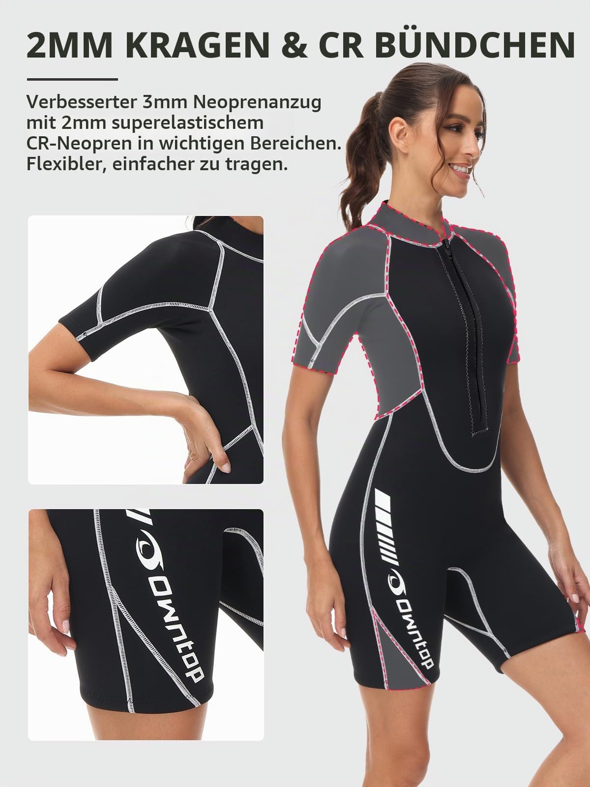 Owntop 3/2mm Shorty Neoprenanzug Damen - Frontreißverschluss Wetsuit zum Tauchen Surfen, Kurzarm Tauchanzüge Stretch Neopren für Wassersport, Damen Schwarz S