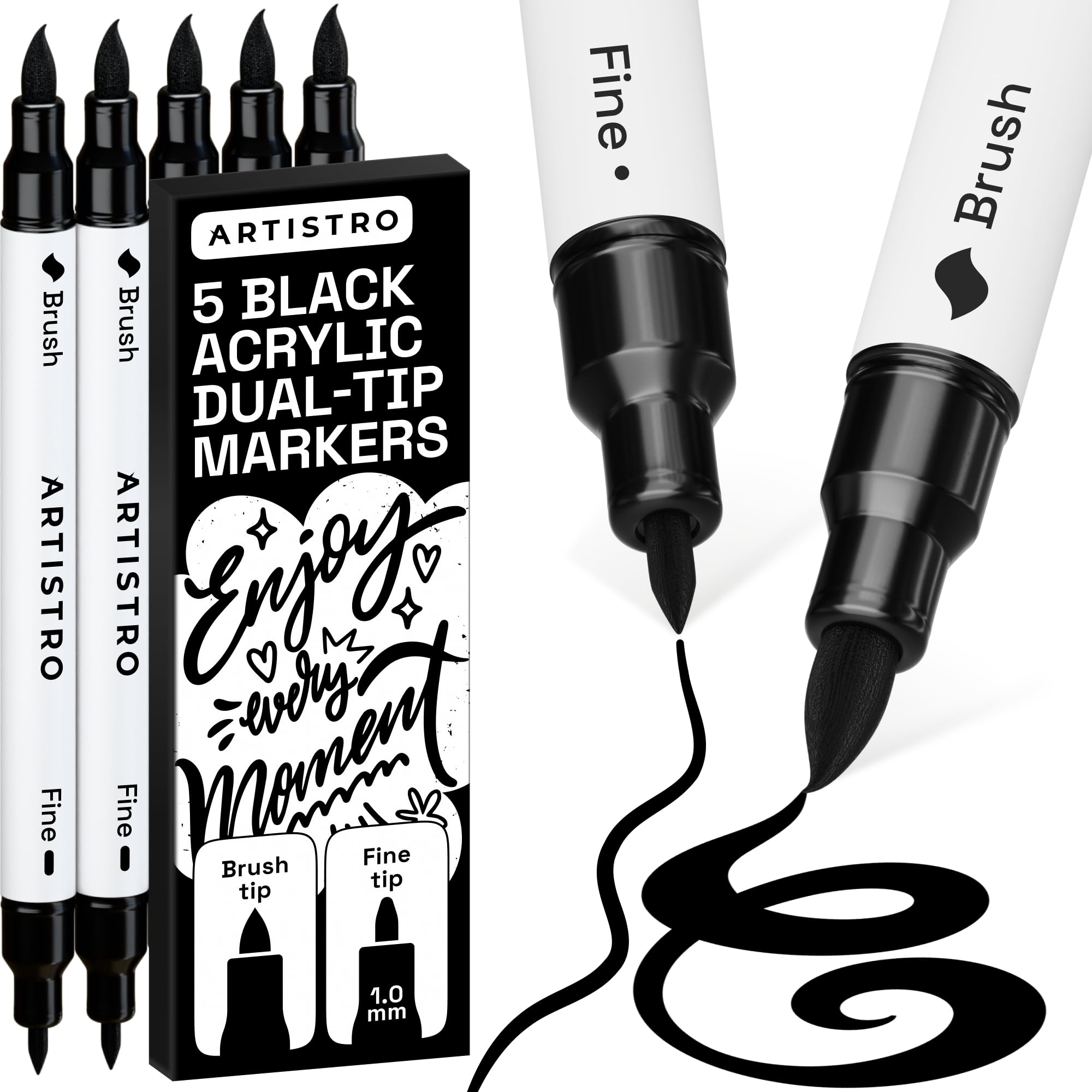 ARTISTRO 5 Black Acrylic Paint Pens – Dual Tip (Brush & Fine) Markers for Fabric, Canvas, Rock, Glass, Wood – Calligraphy, Scrapbook Supplies DIY & Gift for Kids, Teens - Art Set