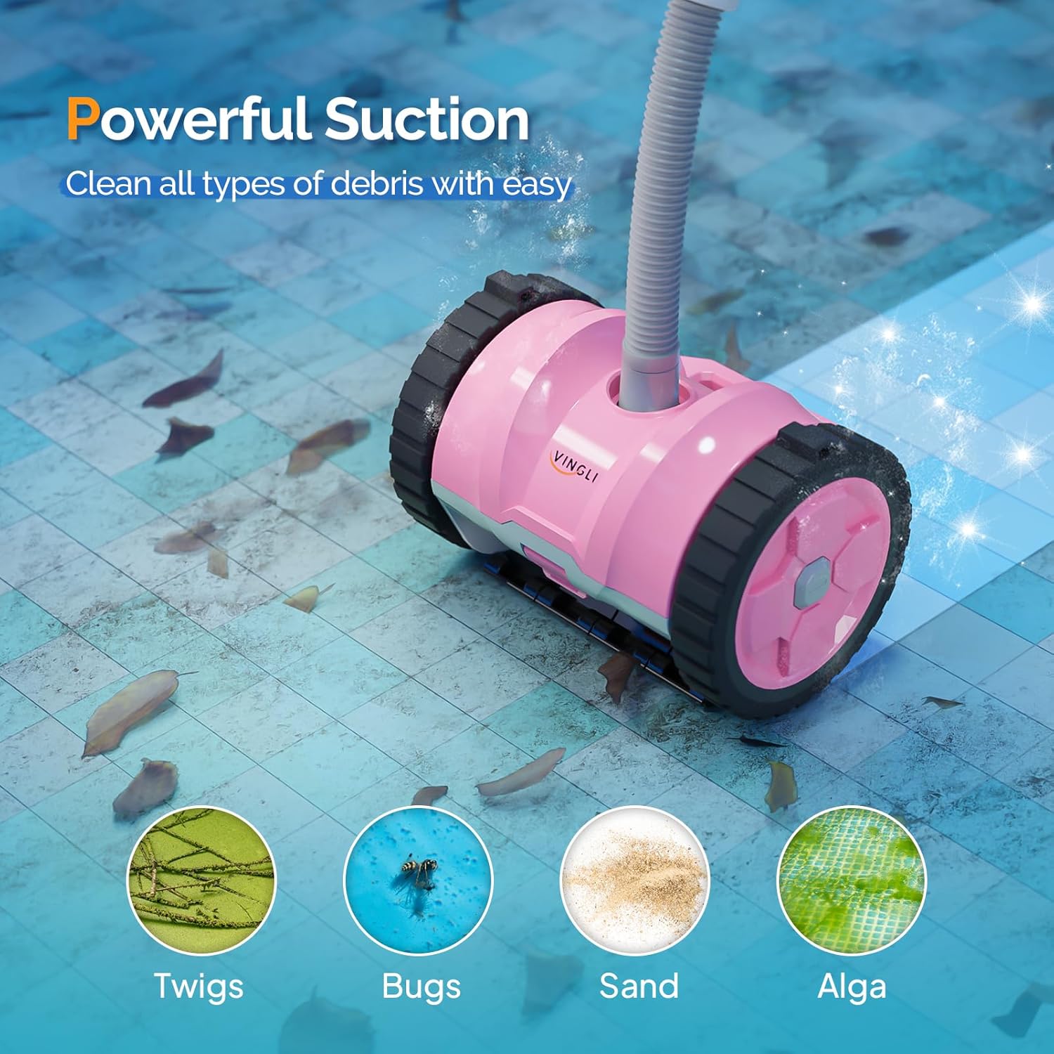 VINGLI Pro Auto Pool Cleaner – Advanced Suction Vacuum for Inground/Above Ground Pools – 40FT Hose, Quiet & Efficient Cleaning – Comfort Pink&Gray
