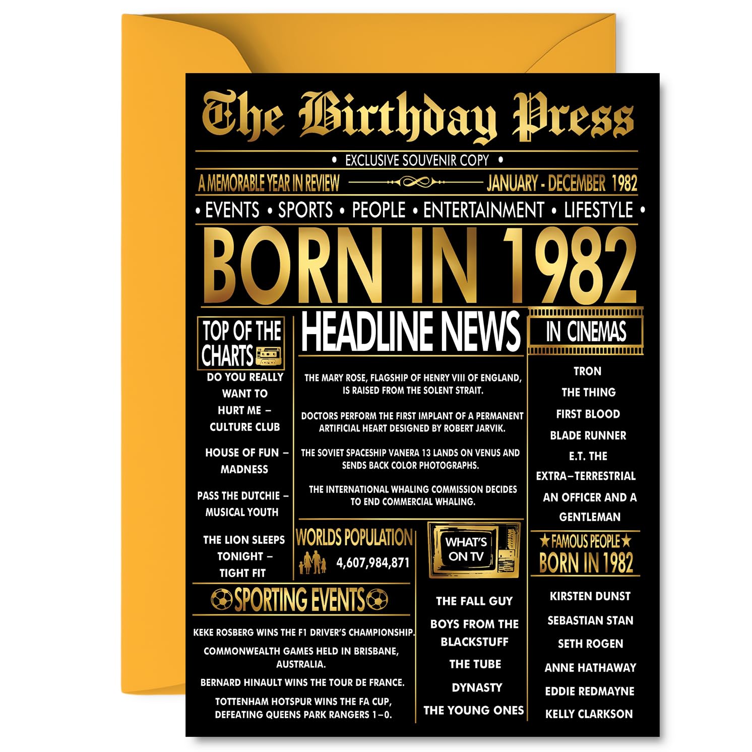 Gold 44th Birthday Card for Men Women - Black & Golden Newspaper Born in 1982 - Happy 44 Birthday Cards for Nephew Sister Son Neighbour Cousin Daughter, 5x7 Inch Bday Greeting Cards