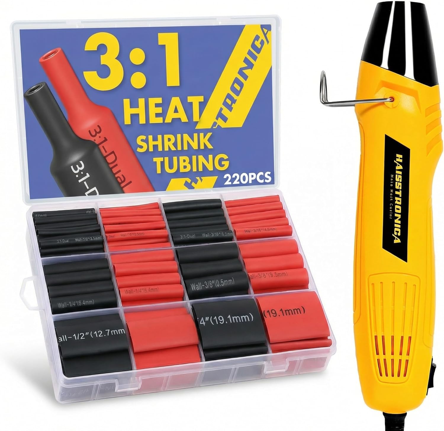 haisstronica 220PCS Heat Shrink Tubing Kit, 3:1 Adhesive Lined Heat Shrink Tube with 350W Mini Heat Gun, Waterproof Insulated Shrink Wrap for Automotive Marine Wiring Repair