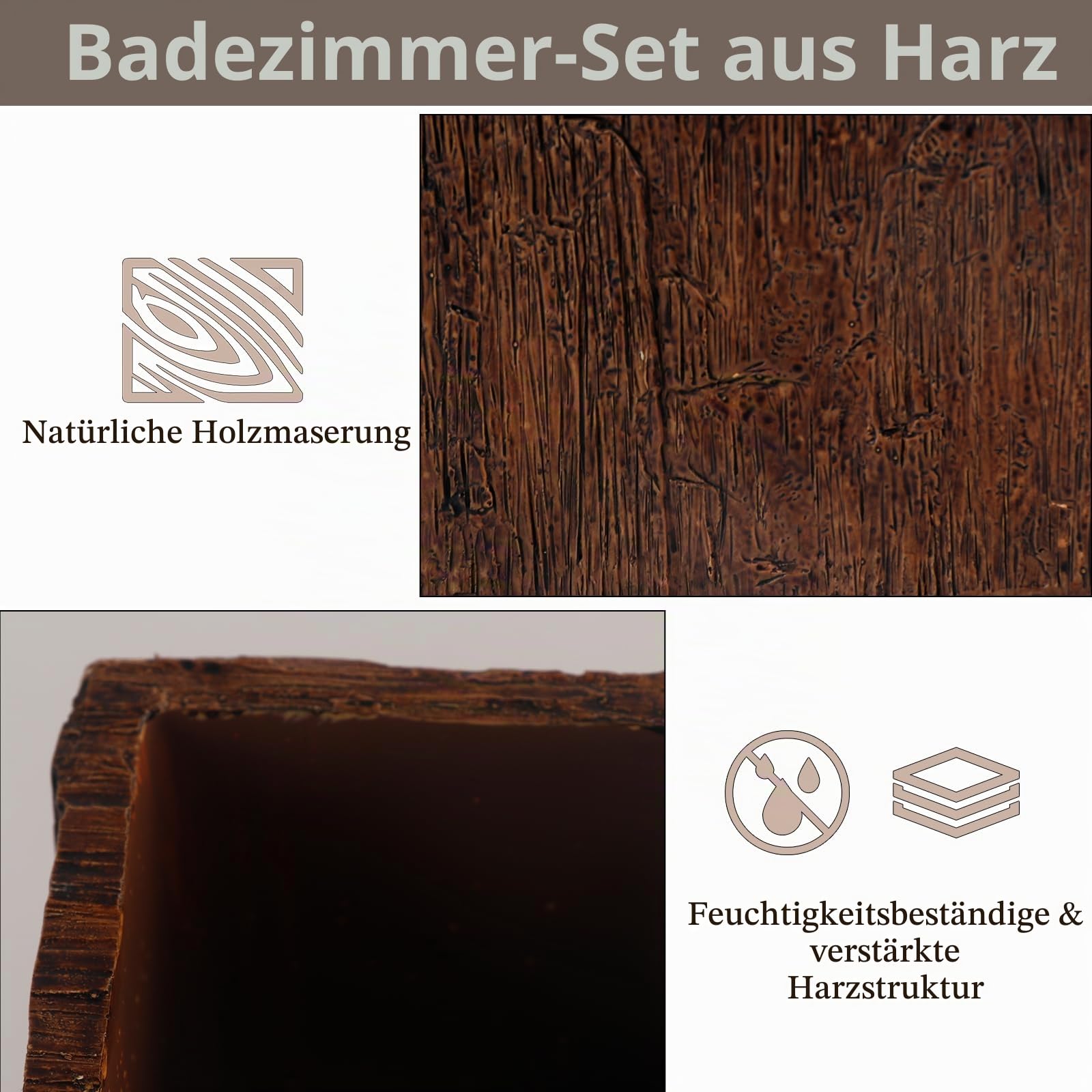 4-teiliges Vintage Badezimmer-Set, Badaccessoires mit Retro Alt-Holz-Optik, Seifenspender Zahnputzbecher Seifenschale Aufbewahrungsbox, Holzoptik Bad Deko