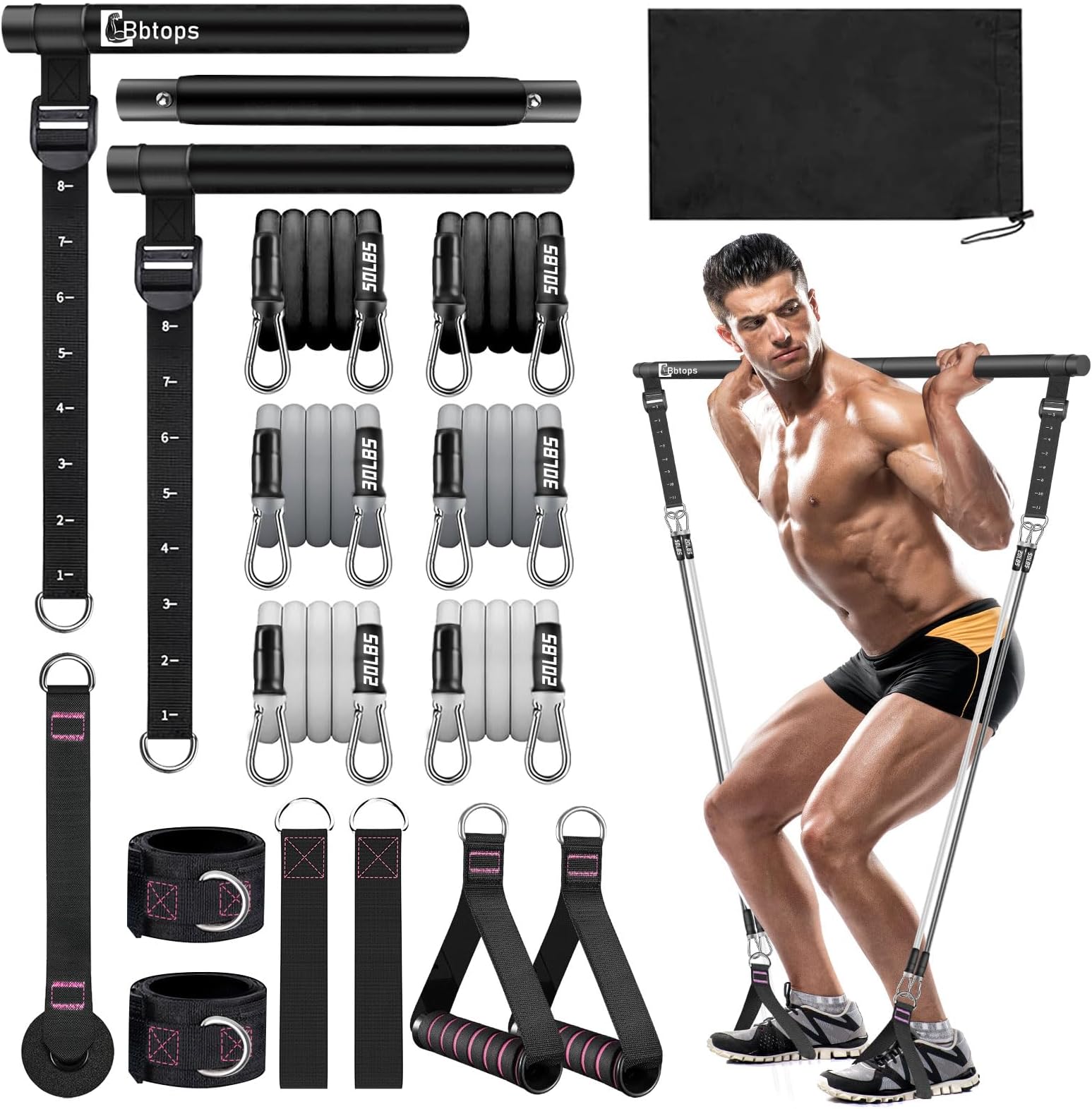 Bbtops Pilates Bar Kit with Resistance Bands,Pilates Bar with Stackable Bands Workout Equipment for Legs,Hip,Waist and Arm,Exercise Fitness Equipment for Women & Men Home Gym Yoga Pilates