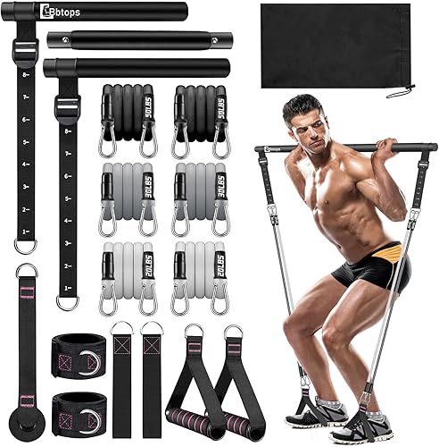 Miniatura 11 de Kit de barra de pilates Bbtops con bandas de resistencia, barra de pilates con bandas apilables, equipo de entrenamiento para piernas, cadera, Rosa