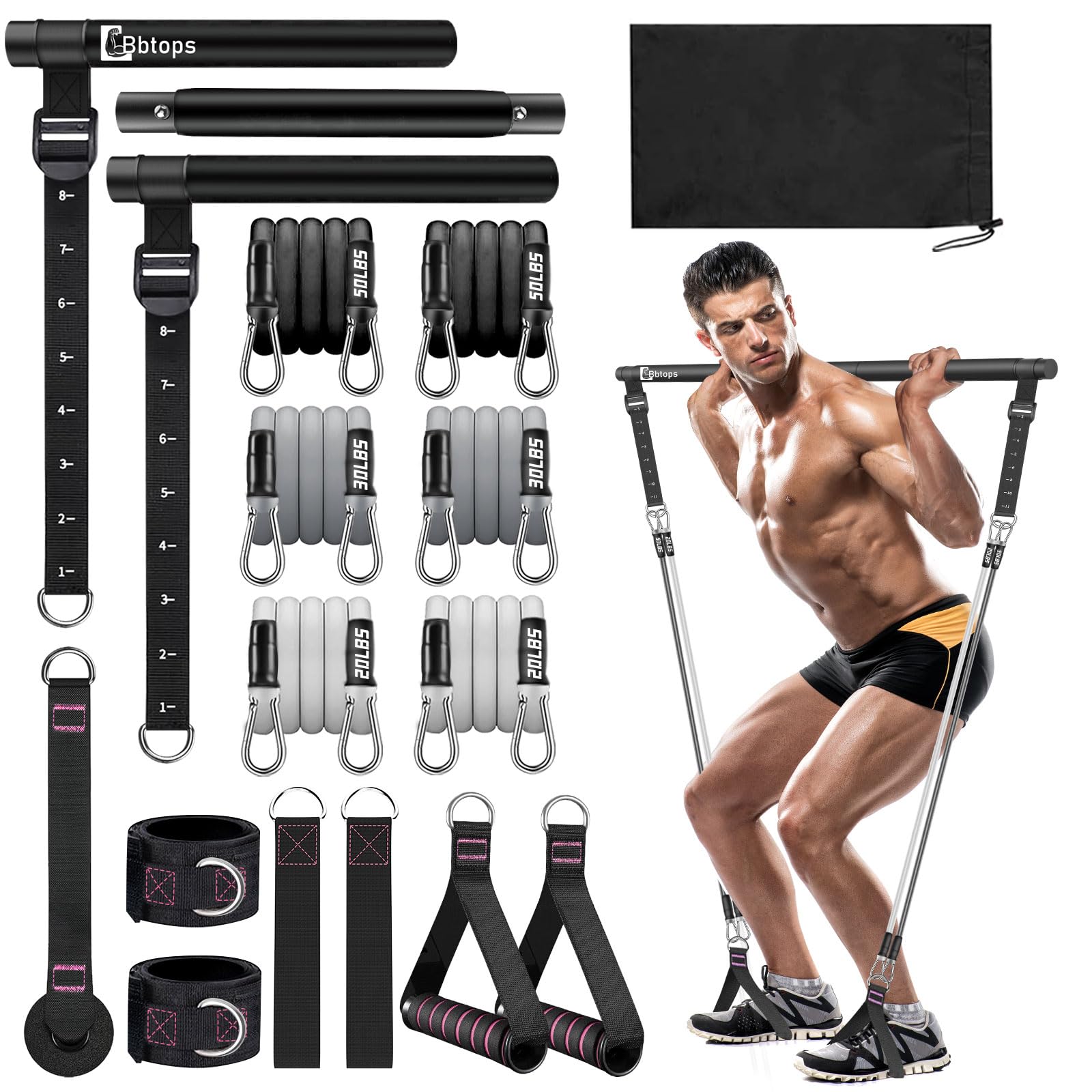 Bbtops Pilates Bar Kit with Resistance Bands,Pilates Bar with Stackable Bands Workout Equipment for Legs,Hip,Waist and Arm,Exercise Fitness Equipment for Women & Men Home Gym Yoga Pilates