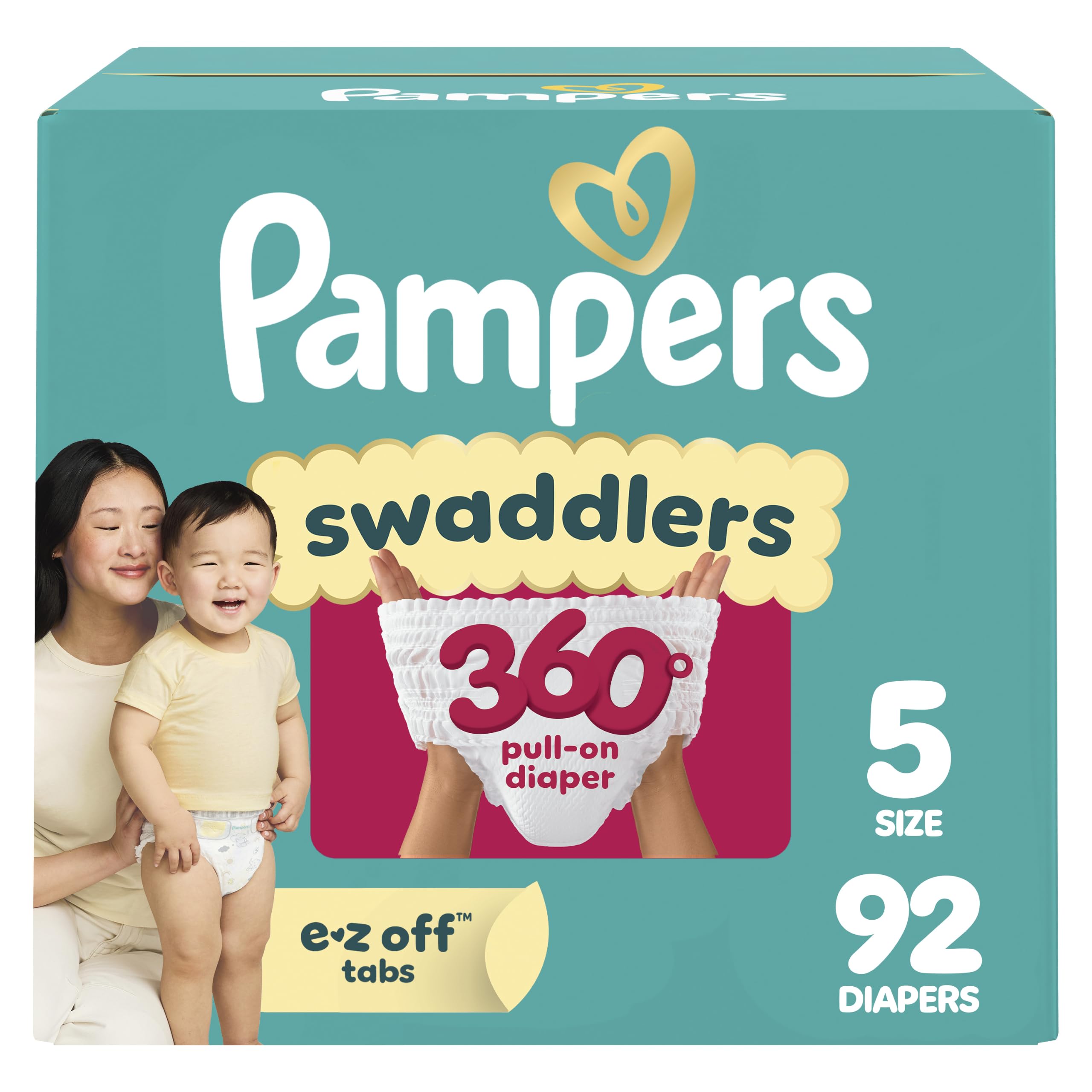 Pampers Diapers - Swaddlers 360° - Size 5, 92 Count, up to 100% Leakproof Comfy Dry Fit, Designed for Easy Changes, Pull On Baby Diaper
