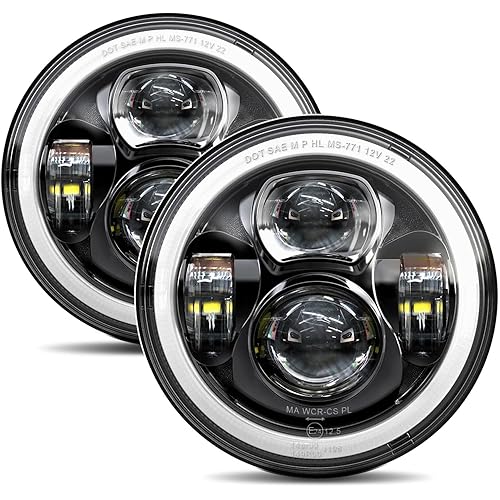 7-Inches LED Headlights H6024 Round Halo Compatible with Jeep Wrangler JK JKU H1 H2 Miata GMC Chevy Ford Dodge etc DOT Approved High/Low Beam DRL Turn Signal Headlamp Replacement Black Pair
