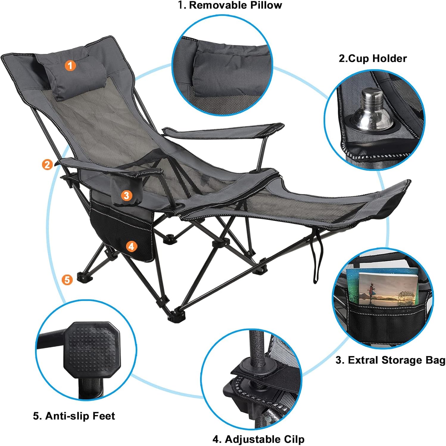 LEADALLWAY Camping Folding Chair with Foot Rest, Collapsible Camp Chair with Cup Holder and Removable Storage Bag, Heavy Duty Beach Chair for Outdoor Camp, Picnic, Travel, Fishing - Image 5