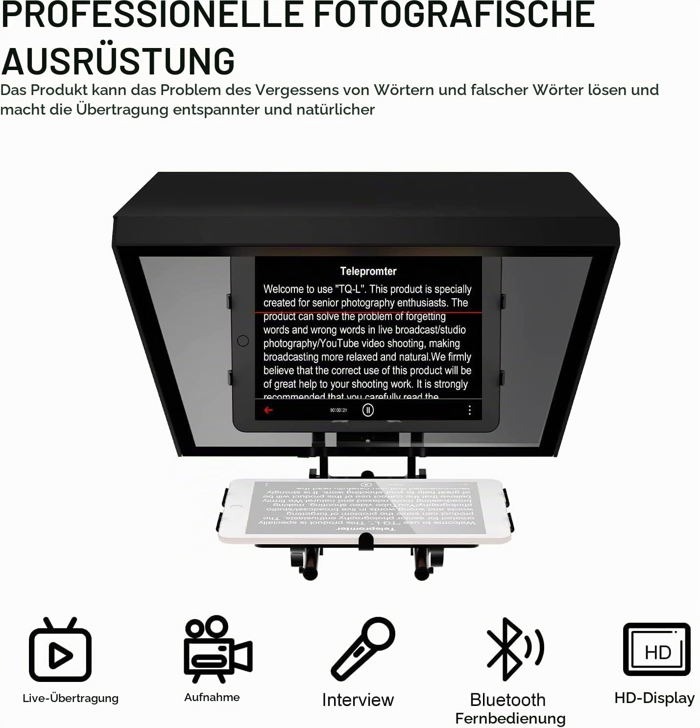 GVM Teleprompter für Tablet DSLR Kamera Smartphone, Tragbares 18'' Teleprompter Kit mit Fernbedienung & App, unterstützt Kamera-Weitwinkelaufnahmen, Videoaufzeichnung und Live-Streaming Interview