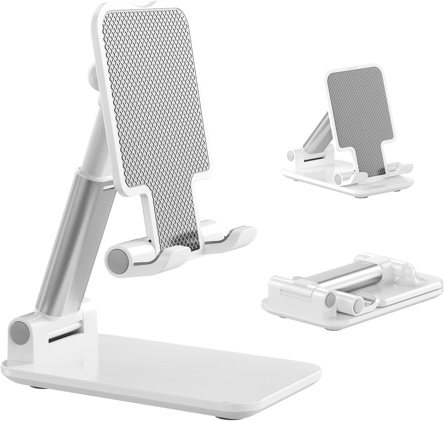 Cell Phone Stand, Angle Height Adjustable Cell Phone Holder with Silicon Pad for Desk Fully Forldable Mobile Phone Holder Compatible with All Mobile Phones (White)
