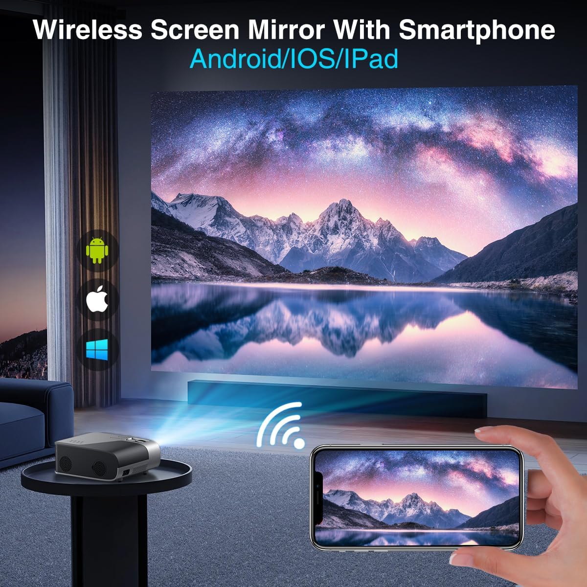 Projector wirelessly mirroring a smartphone screen onto a large display
