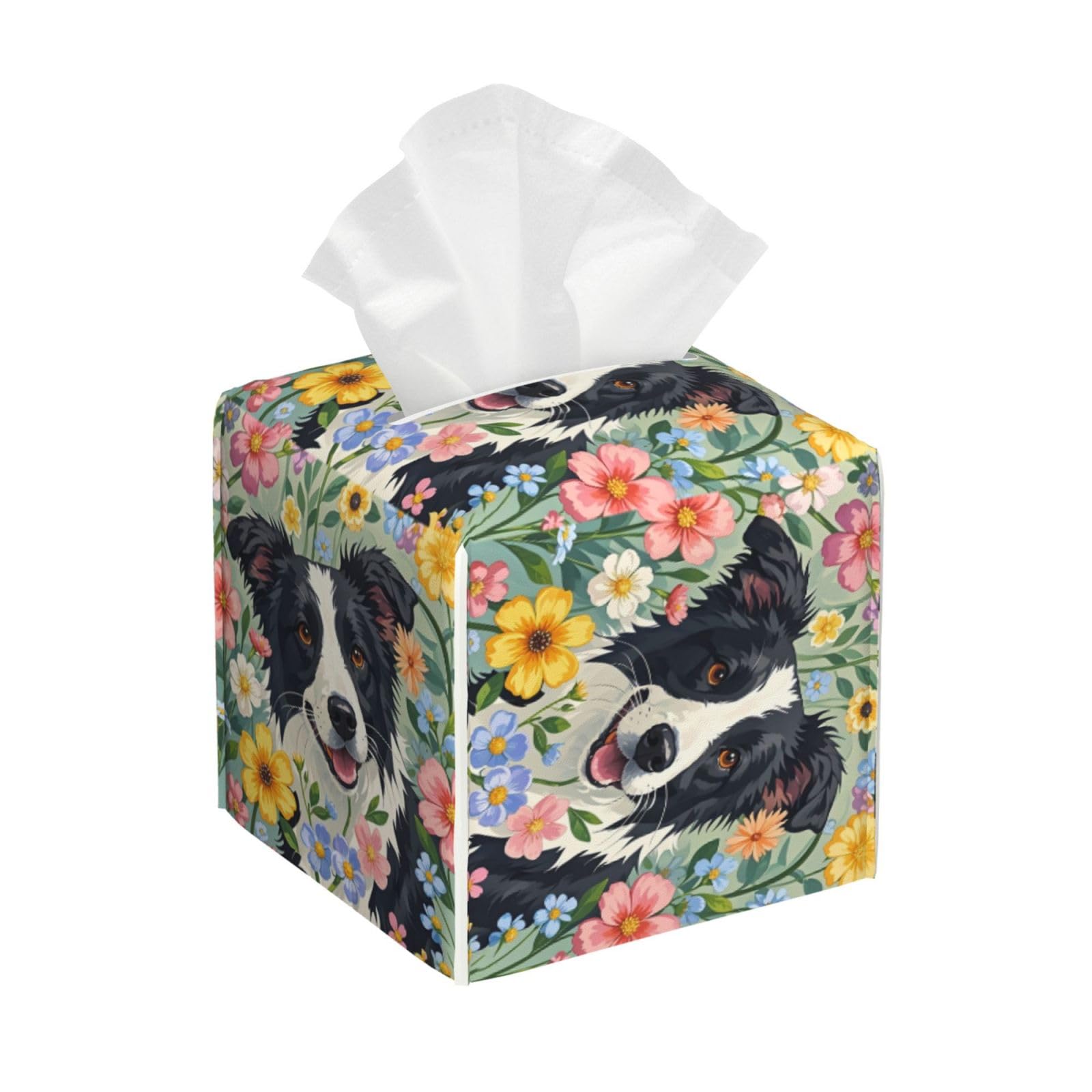 Border Collie Florals Tissue Box Cover Square Cube Boxes