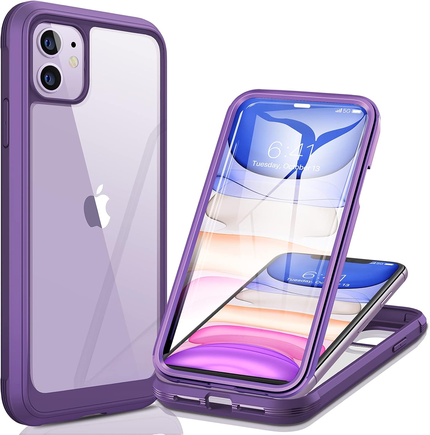Diaclara Compatible with iPhone 11 Case Full-Body Glass Clear Case with Built-in 9H Tempered Glass Screen Protector for iPhone 11 Heavy Duty Drop Protection for iPhone 11 for Women,6.1 inch（Purple）