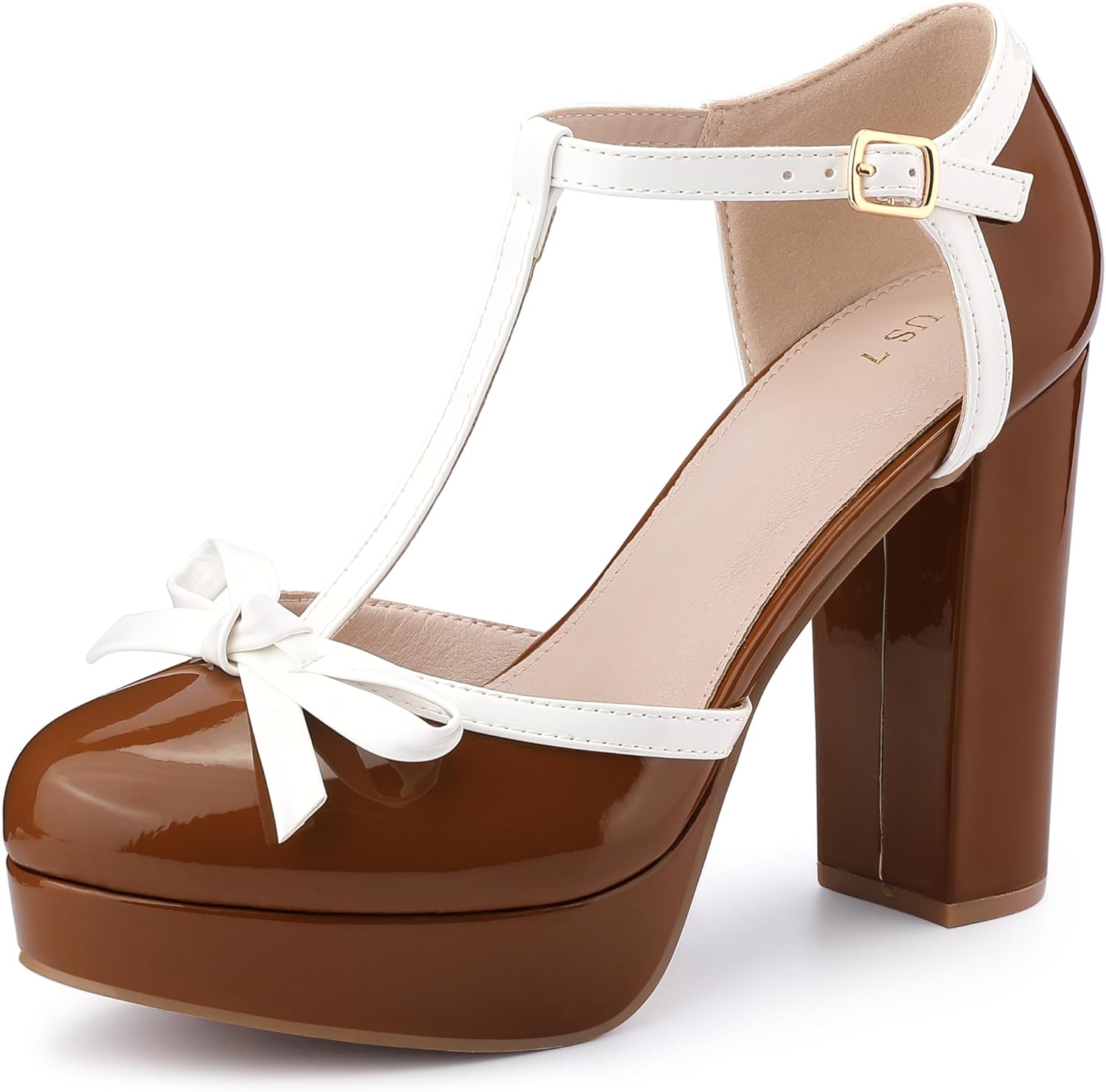 Allegra K Women's Platform Bow t Strap Chunky Heels Pumps