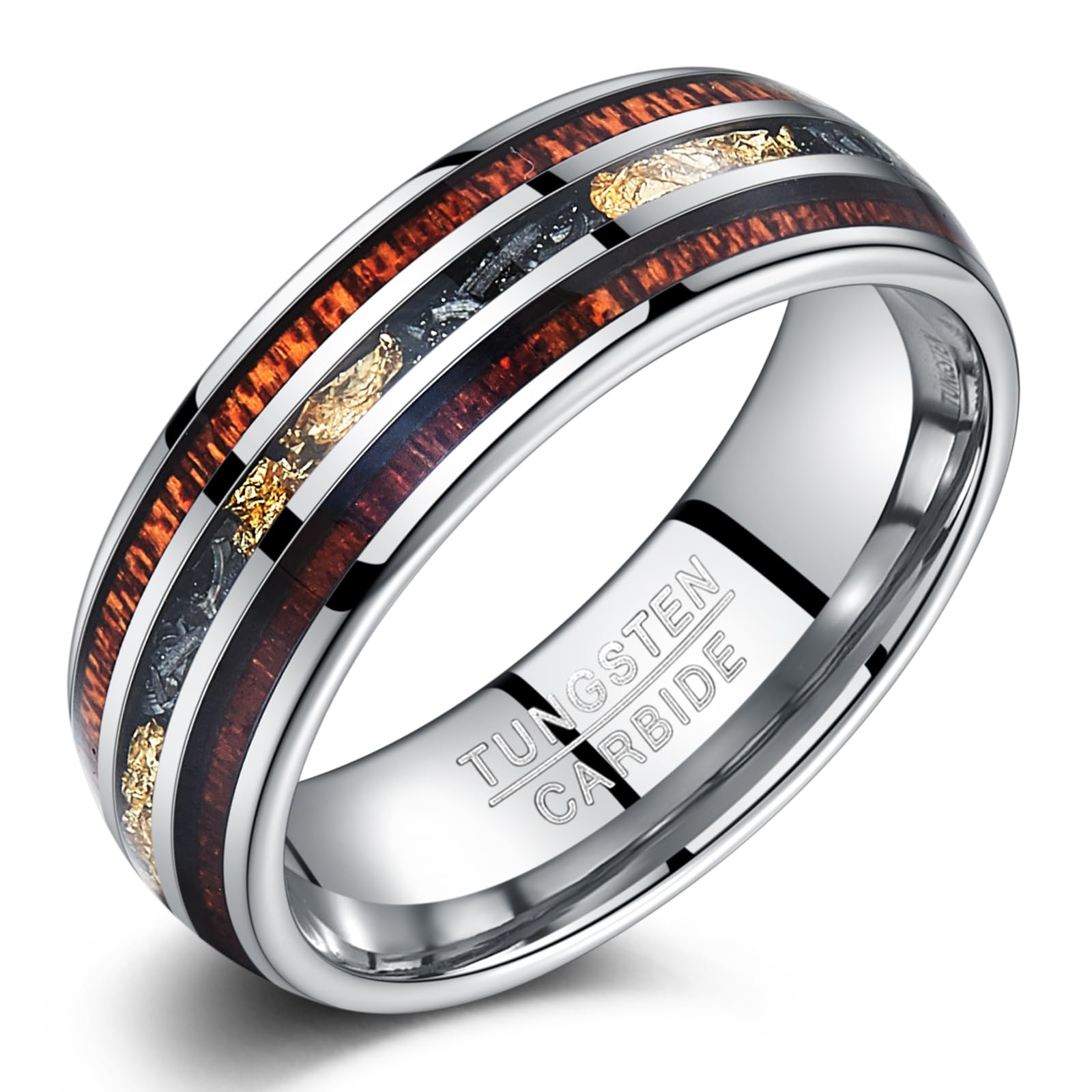 TUNGSTORY Herrenring Wolfram - Holz und Goldblatt Einlage, 8 mm breit