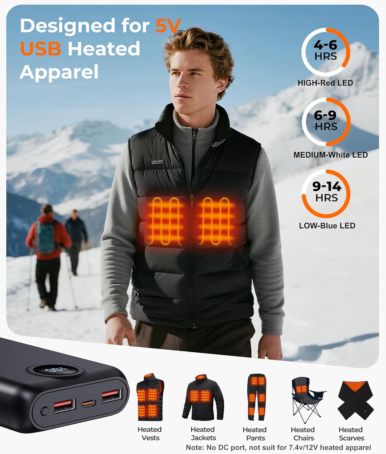 ππ ππ/ππ ππππππ¦ππ‘ Heated Vest Battery Pack Compatible with KOVNLO and TIDEWE, Fast Recharge Battery Pack for Heated Vest with LED Display, Heated Apparel, Seat, Blanket - Image 2