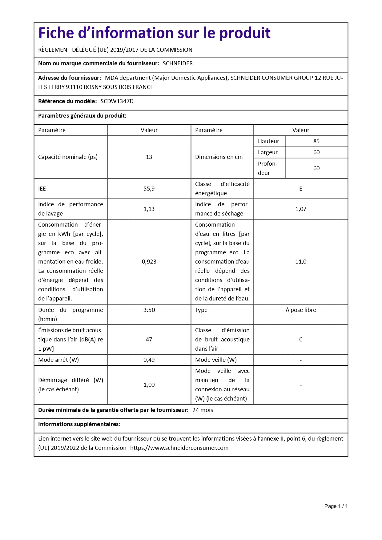 SCHNEIDER - Lave-vaisselle - 13 Couverts - 6 Programmes - Top